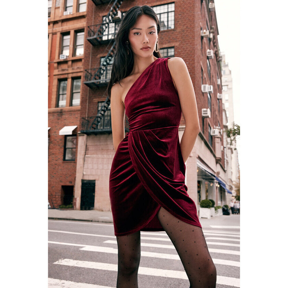 Lulus All The Luxe Wine Red Velvet Lace One-shoulder Mini Dress - Size M